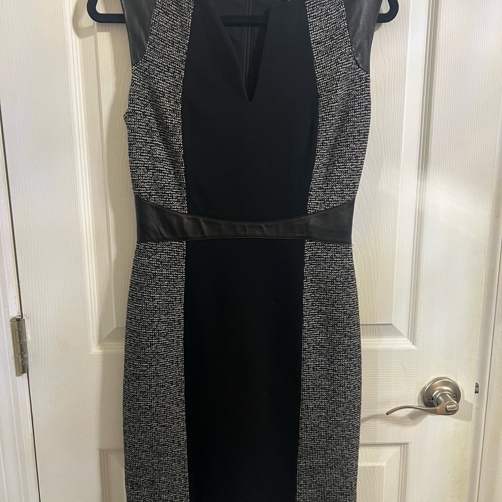 Rebecca Taylor Black and Gray Midi Dress Genuine Lamb  leather Trim